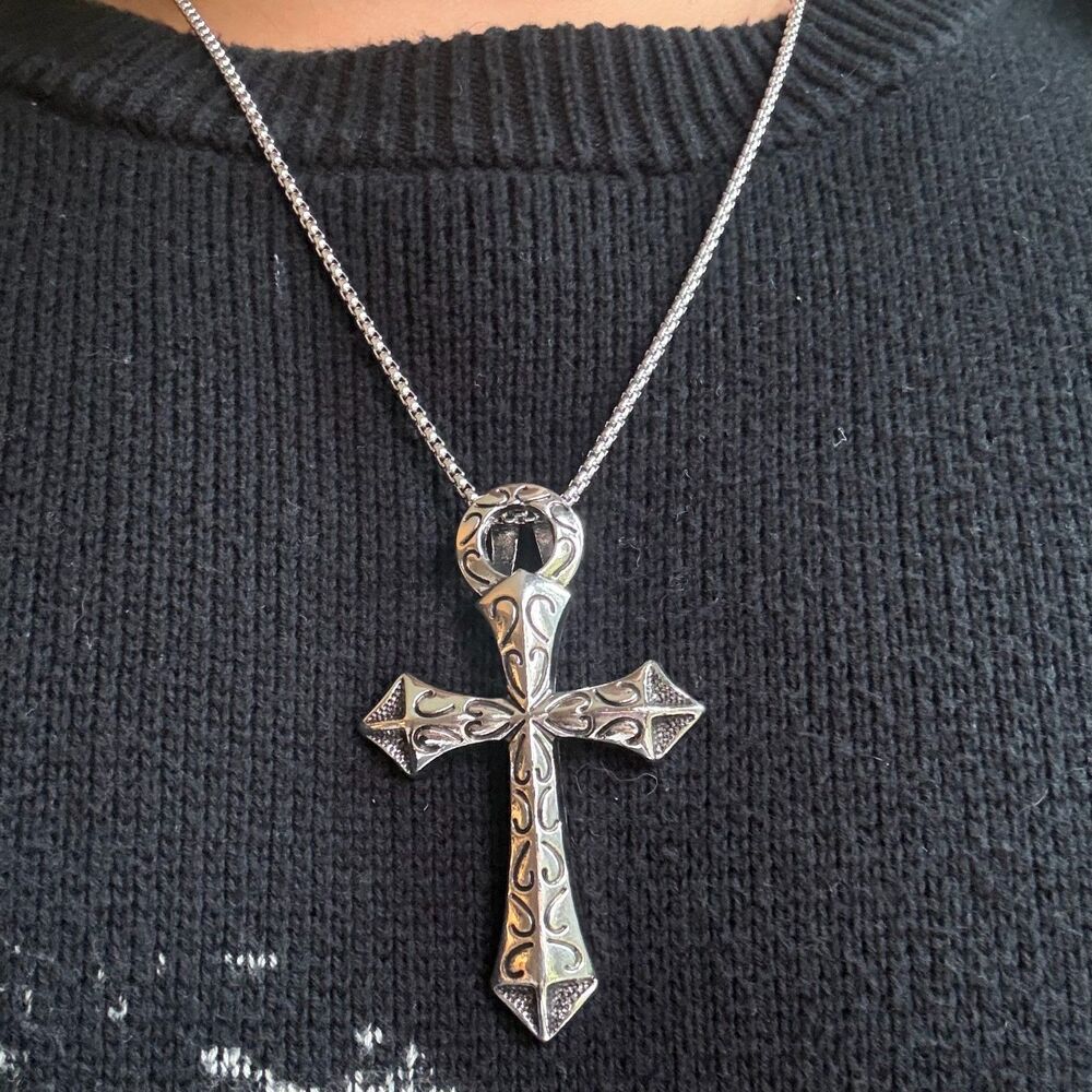 28" Gothic Spiked Cross Pendant Necklace Stainless Steel Chain Tribal Punk Biker